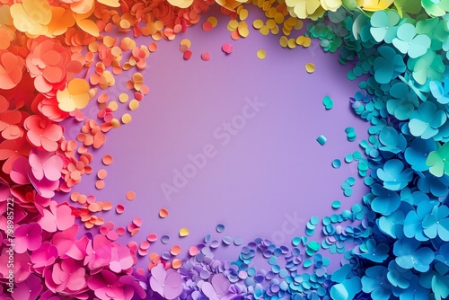 Colorful Confetti of Floral Shapes on Purple. Playful, creative backdrop featuring cascade of floral-shaped confetti in rainbow gradient, creating festive and cheerful atmosphere on purple background