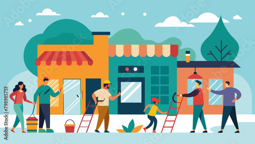 Local businesses and community members coming together to revitalize a neighborhood by repainting storefronts and repairing sidewalks symbolizing. Vector illustration