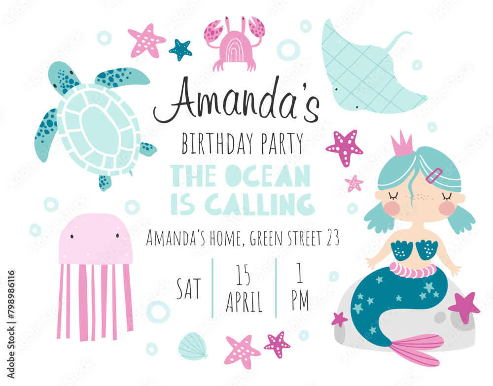 Vector template children's birthday party invitation. Mermaid party. Kids party in sea style. Cute girl mermaid, turtle, jellyfish. Baby shower. Baby Girl. Happy Birthday kids card. Newborn party.