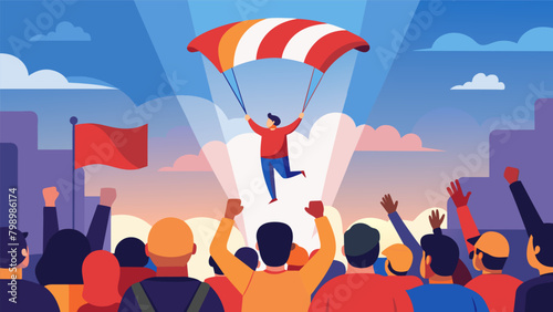 Spectators gasp in awe as a parachutist gracefully lands on the stage proudly holding a large flag in their hand. The crowd erupts in cheers joining. Vector illustration