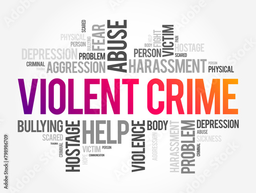 Violent crime - in which an offender or perpetrator uses or threatens to use harmful force upon a victim, word cloud concept background