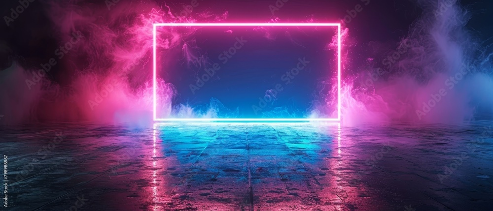 A neon frame in a dim space, radiating vibrant hues, reflects its colors on the ground