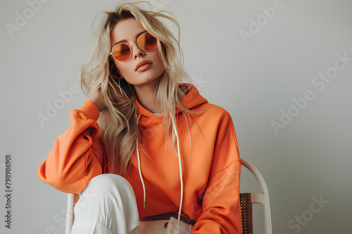 Blonde woman in orange hoodie and white pants sitting on chair, isolated on light grey background. Casual style, sunglasses, fashion. Young female model posing in trendy outfit. Fashion concept. AI. © Chirus