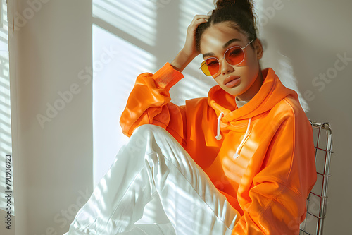Afro-American woman in orange hoodie and white pants sitting on chair, isolated on light grey background. Casual style, sunglasses, fashion. Young female model posing in trendy outfit. AI generative. © Chirus