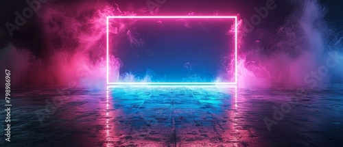 A neon frame in a dim space  radiating vibrant hues  reflects its colors on the ground