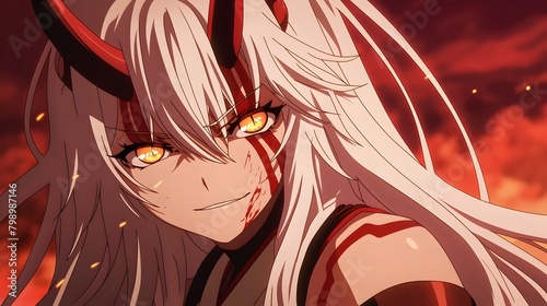 Fierce and Ominous Anime Demon Oni Character with Glowing Red Eyes and Menacing Supernatural Aura