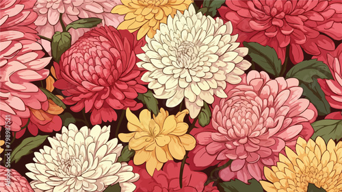 Japanese chrysanthemum hand drawn seamless pattern