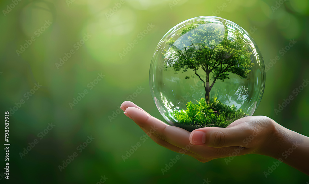 World environment day concept, hand holding earth globe with green tree, mother nature protection