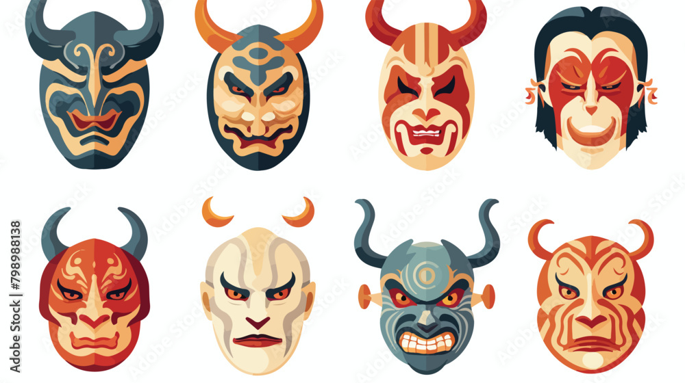 Japanese noh masks set. Asian theater scary demons