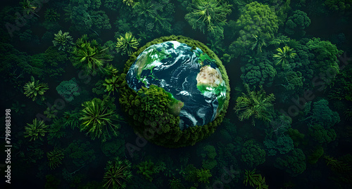 top-down view of the Earth with lush green forests  World environment day concept  protect care eco recycle