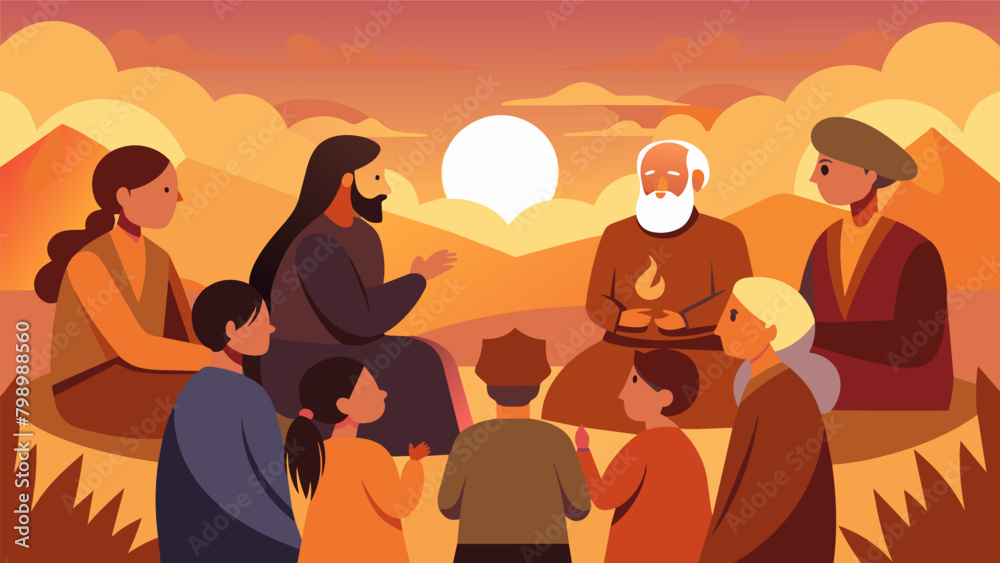 The setting sun casting a warm glow upon a group of elders as they share stories and wisdom passed down from their ancestors.. Vector illustration
