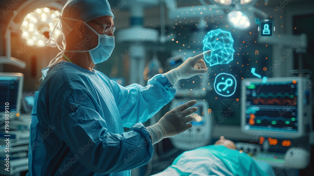 medical doctor using advanced ai technology in hospital, surgeon using artificial tech touch screen in surgery for diagnosis, future of medical concept