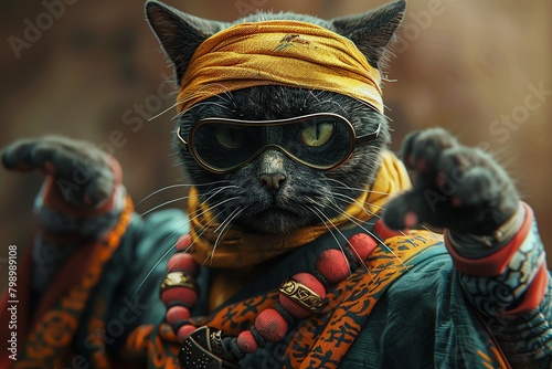 Stealthy ninja cat in colorful fashion attire, striking a pose in a 3D closeup view photo