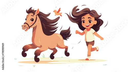 Joyful little girl running to hug adorable pony vec