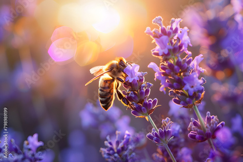 Close-up of a bee on a lavender flower, with the sun creating a soft lens flare that highlights its delicate wings