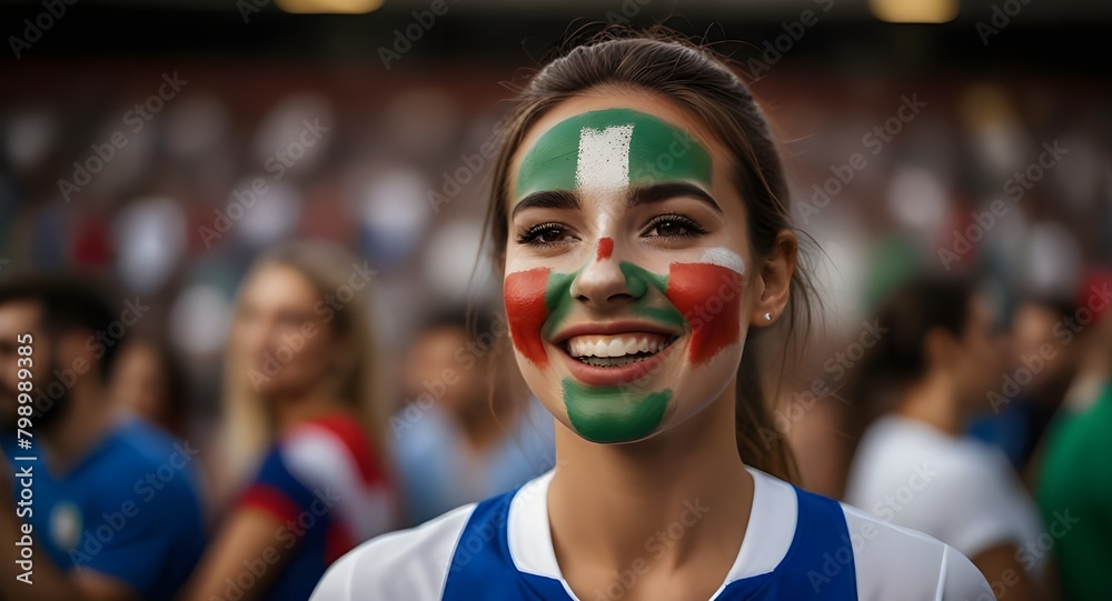 Happy ITALY woman supporter with face painted in ITALY flag , ITALY fan at a sports event such as football or rugby match euro 2024, blurry stadium background