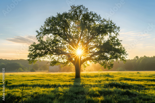 Lone tree in a field during sunrise, with the sun peaking through branches creating a stunning lens flare and a sense of solitude