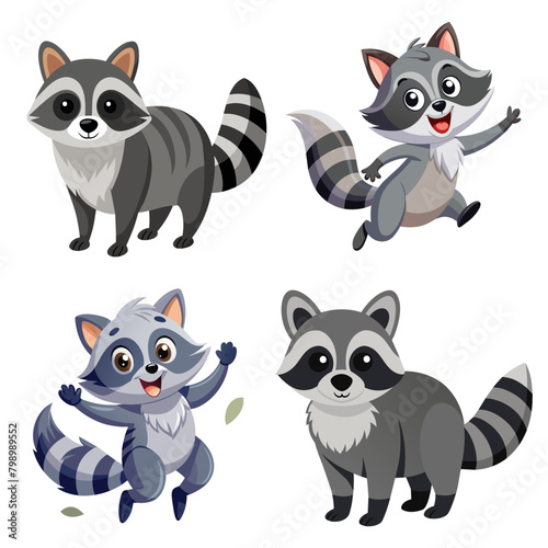 Set of raccoon animal. Wild mammal cute smilecartoon funny mascot