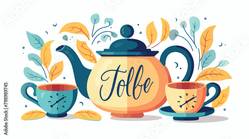 Kettle and teacups flat vector illustration. Hand p