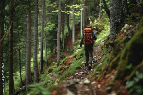 Hiker In Woods. Man with Backpack Walking in Beautiful Forest Timberland Landscape