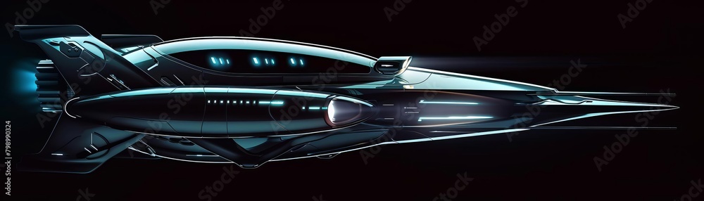 Capture the sleek, metallic curves of a minimalist spaceship design using ultra-wide macro lens techniques, highlighting intricate panel details with a hint of otherworldly luminescence