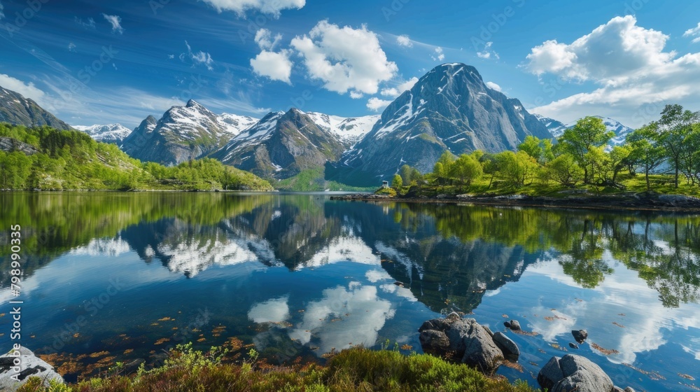 Springtime Mountains on Senja Island: Scenic View of Lake and Ecology Environment