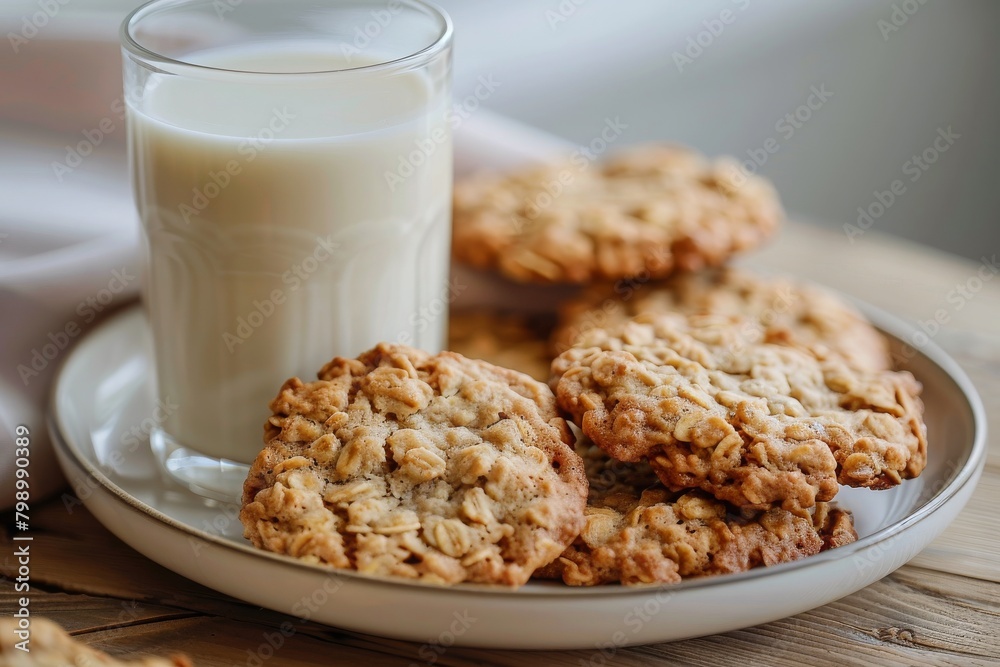 Freshly baked oatmeal cookies in a white ceramic plate with a glass of milk on a wooden table Freshly baked oatmeal cookies in a white ceramic plate with a glass of milk on a wooden table