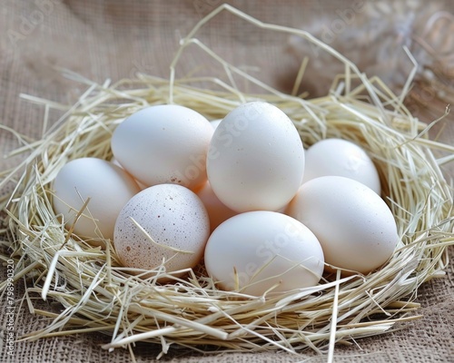 Nest Eggs. White Egg Symbol in Natural Nest Concept with Hay Background