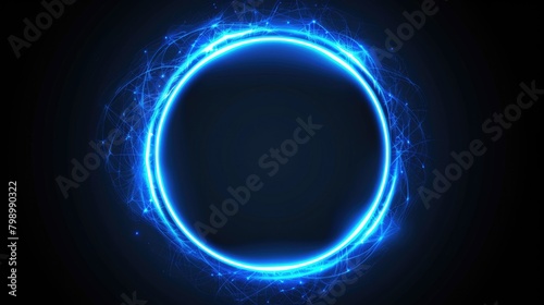Glow Effect: Abstract Blue Neon Circle with Glare Rays on Black Background