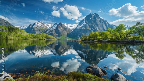 Springtime Mountains on Senja Island: Scenic View of Lake and Ecology Environment
