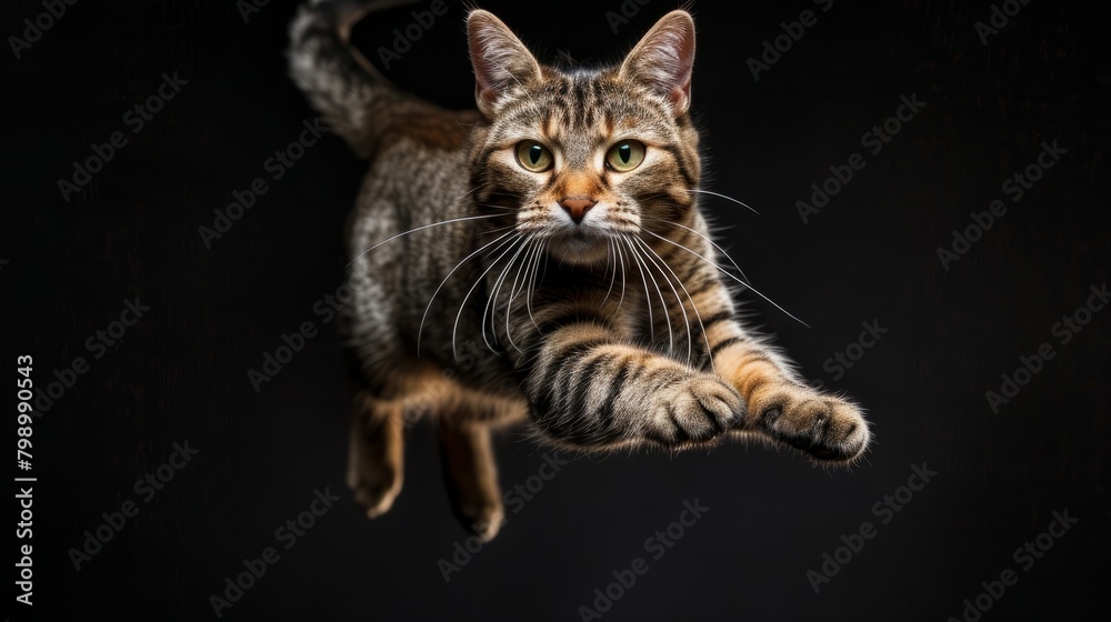 Leaping Tabby Cat in Motion, Neutral Backdrop