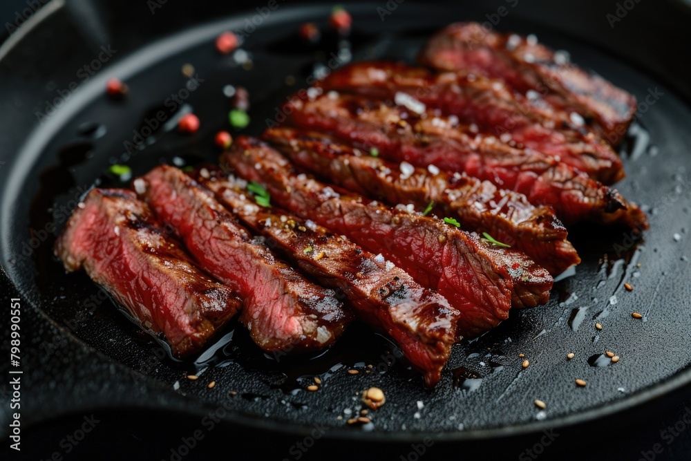 Meat Dish. Sliced Rare Beef Steak on Black Cast Iron Plate for Brunch Cookery