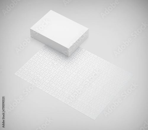 White Box, Blank Puzzle game Mockup with Box, Clear Jigsaw pieces, big board tempelate, puzzle packaging 3D Rendered Isolated on a light background