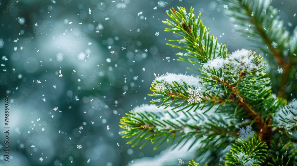 Winter's Touch: Snowflakes Adorning Green Pine Needles
