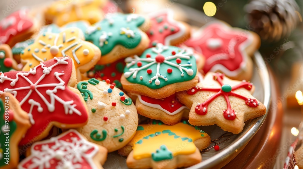 Closeup of Decorated Holiday Cookies on Blue Surface
