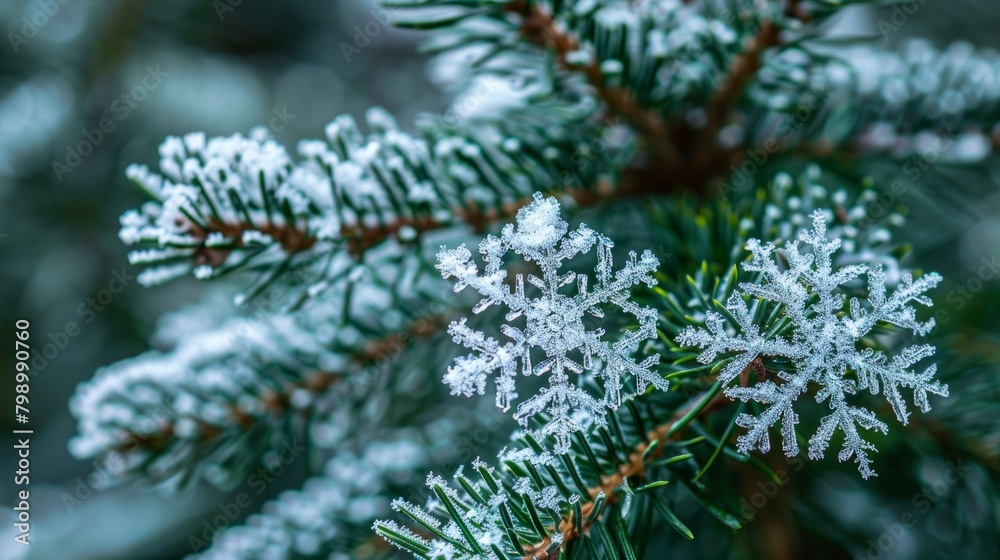 Frosty Pine Artistry: Close-Up of Snow on Evergreen Branches