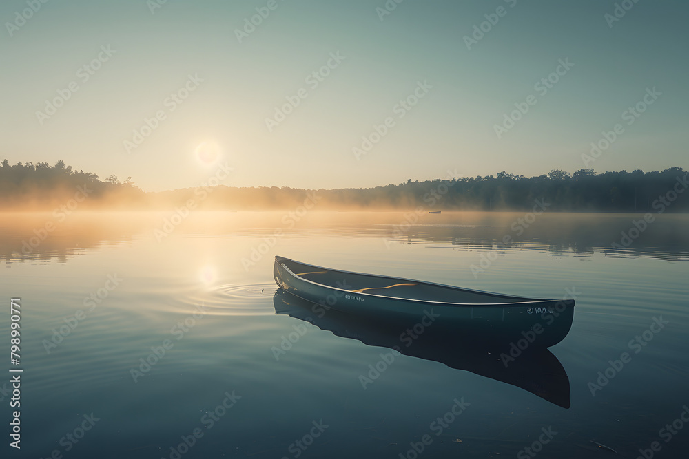 A serene lake at dawn, with a canoe in the distance and a gentle lens flare reflecting off the calm water