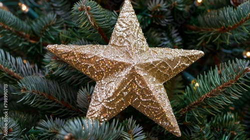 Golden Glitter Christmas Star: Festive Tree Embellishment Detail