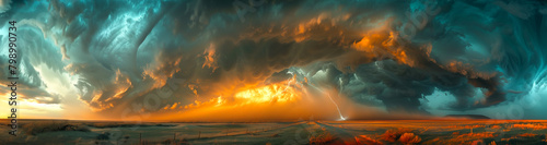 Panorama of a massive mesocyclone weather supercell, which is a pre tornado stage, passes over a grassy tornado sunset color photo