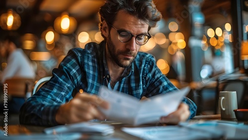 Businessman carefully reviewing terms of use before accepting or declining online banking service. Concept Online Banking Services, Terms of Use, Businessman, Reviewing, Decision-making photo