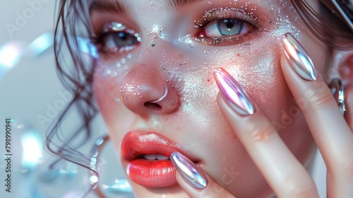 Captivating Portrait of Woman with Glitter Makeup and Chrome Nails