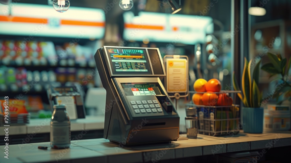 Modern Cash Register at a Retail Checkout Counter Modern Cash Register at a Retail Checkout Counter