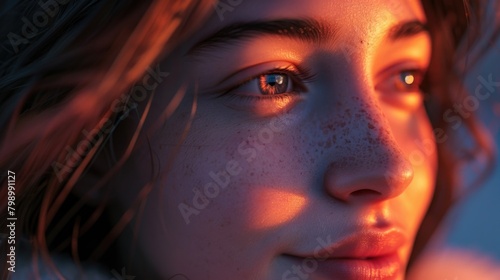 Serene Woman with Freckles in Golden Hour Light