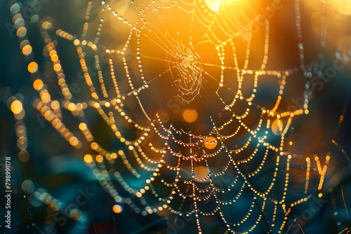 Macro shot of dewdrops on a spider web with the sunrise creating a lens flare, turning the scene into a shimmering network of light © dStudio