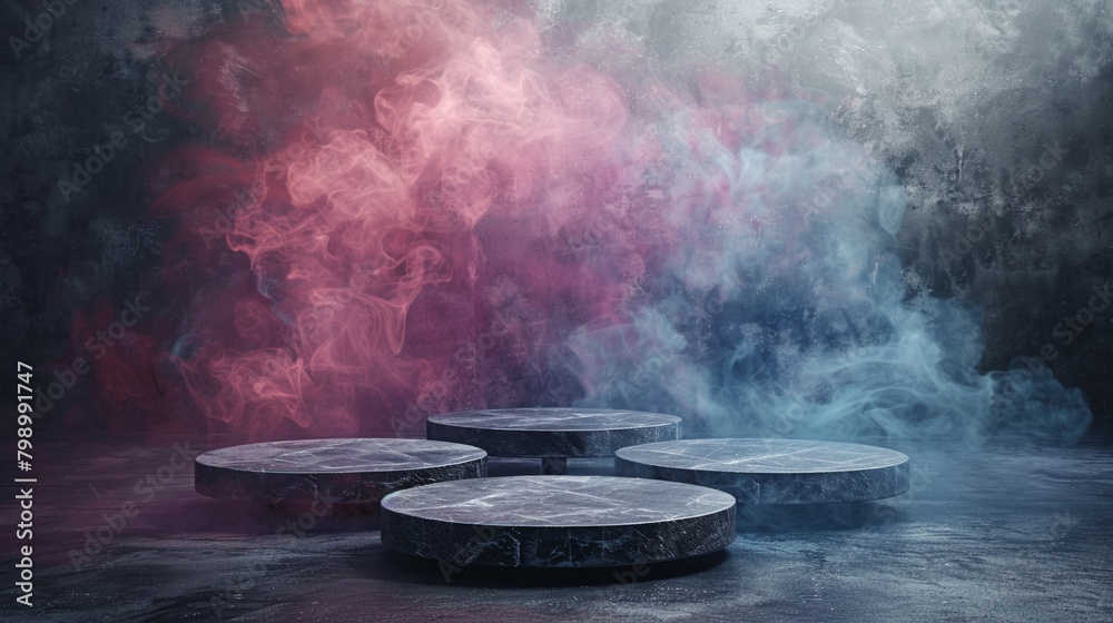 Empty round black platform podium stand for advertising on black background with rainbow steam smoke 