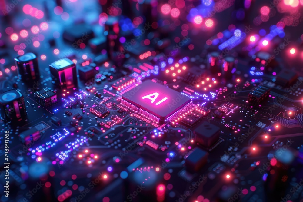 Artificial Intelligence (AI) concept, Abstract AI processor and quantum computer background.