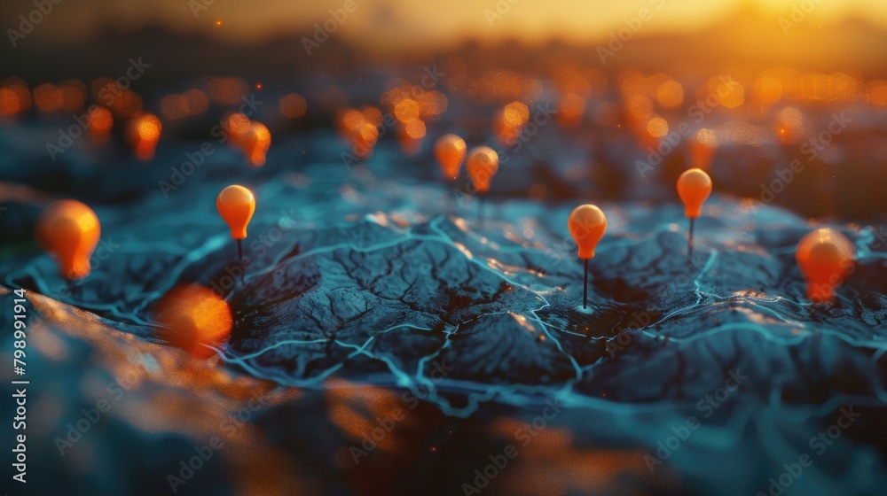 Glowing Pins on a World Map at Sunset - Global Connection Concept Glowing Pins on a World Map at Sunset - Global Connection Concept