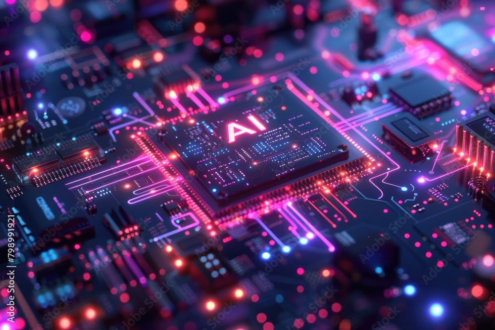 Artificial Intelligence (AI) concept, Abstract AI processor and quantum computer background.