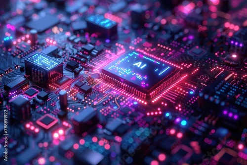 Artificial Intelligence (AI) concept, Abstract AI processor and quantum computer background.