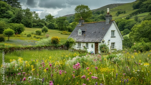 Picturesque Stone Cottage with Colorful Floral Backdrop